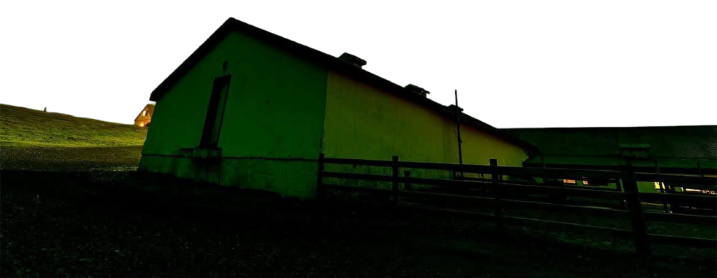 Arctic farmhouse silhouette in green ambient glow