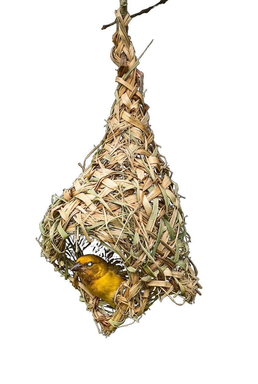 Woven hanging weaver bird nest with golden bird